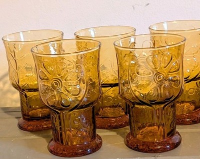 Vintage Set of 5 MCM Libby Country Garden Daisy 12 oz Amber Glasses 6''