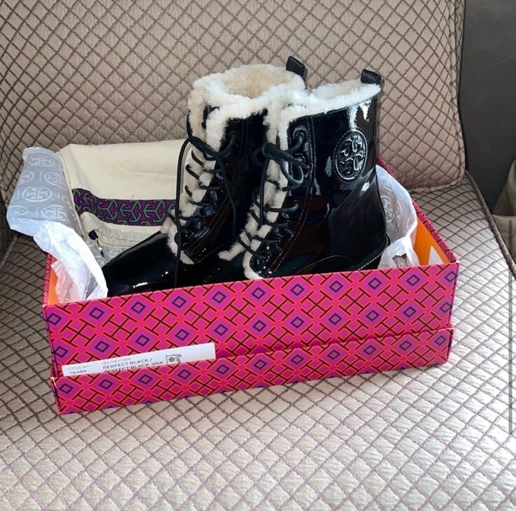 Tory Burch - Botas de Combate Shearling Femininas Sola Preta Patente Tamanho 8 M Novas em Folha - Imagem 4 de 4