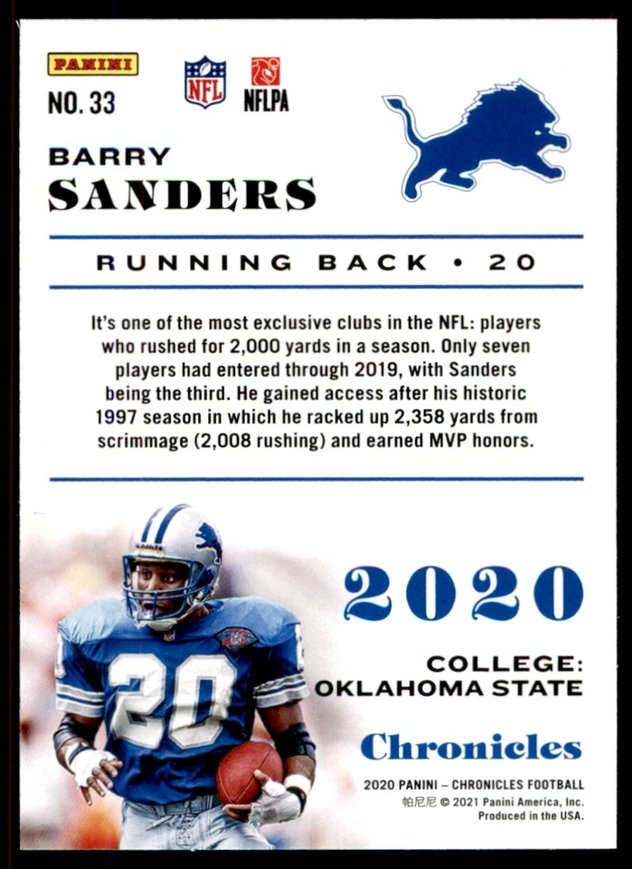 2020 Panini Chronicles Barry Sanders Detroit Lions #33 - Image 2 of 2