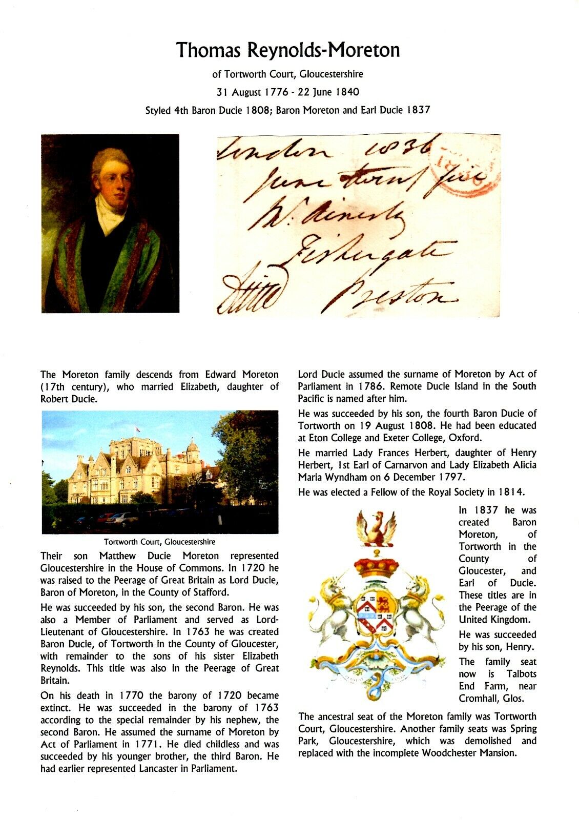 11F GB Free Front 1836 signed Ducie, 4th Baron, Thomas Reynolds-Moreton