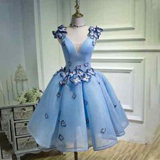 Prom Dress Sky Blue V-Neck Appliques Sleeveless Pleat Above Knee A-Line Gowns