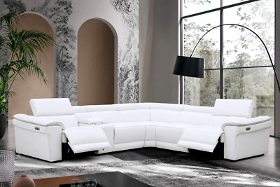 GENUINE 119'' Wide Leather Power Sectional Recliner White Contemporary Living Set