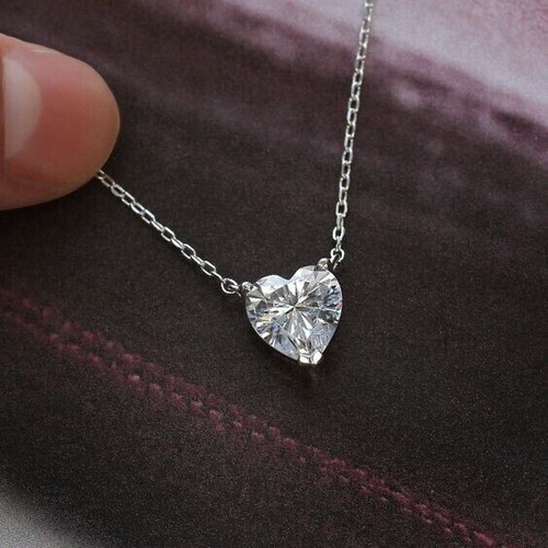 2CT Heart Real Moissanite Women's Pendant 14K White Gold Plated Silver 18" Chain - Picture 4 of 7