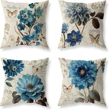 Throw Pillow Covers Farmhouse Blue Flower Set of 4 18x18 Inch