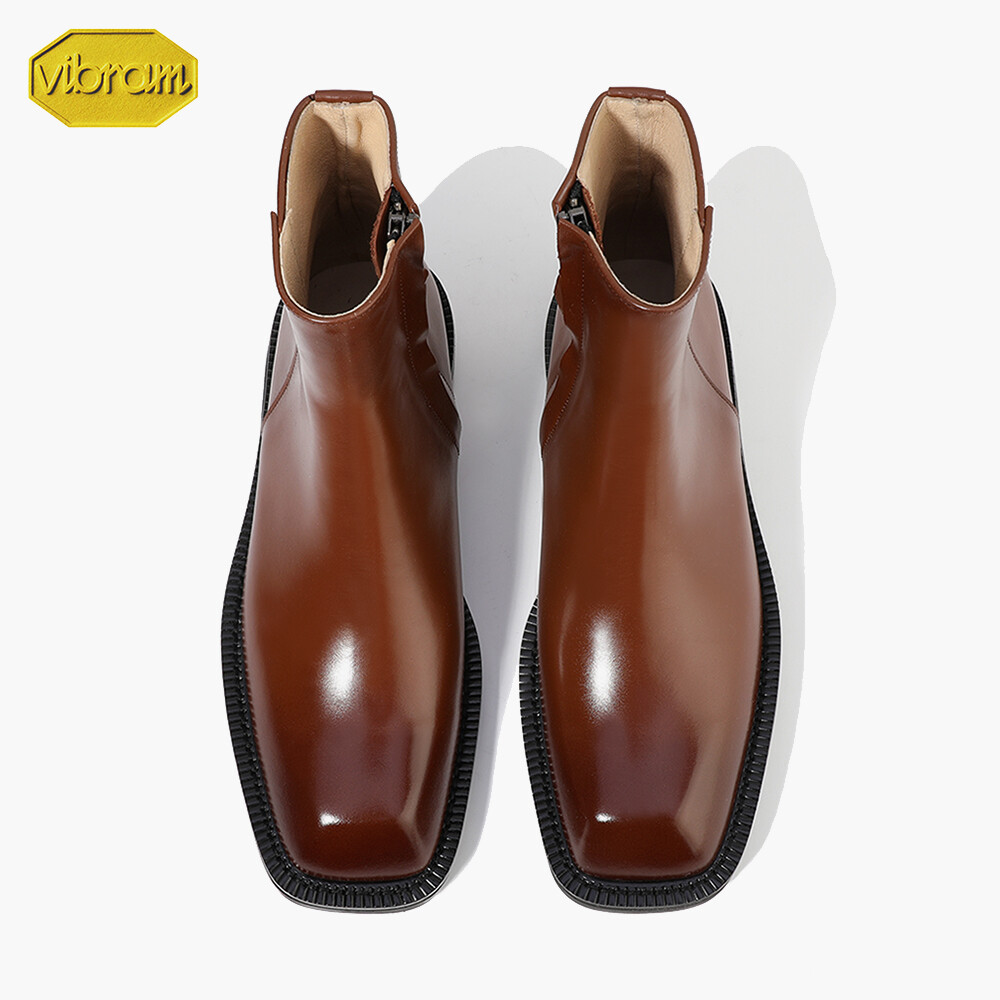 靴 Firenze atelier boots Firenze Atelier Men's Wine Brown Leather Square Toe Side Zip Ankle