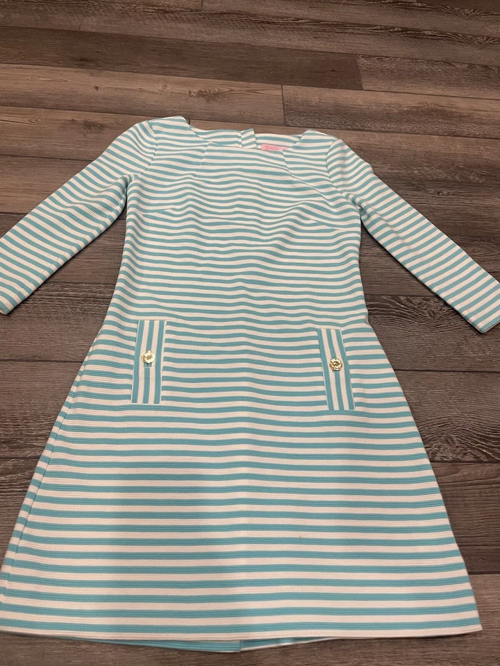 Платье цельнокроеное Lilly Pulitzer Charlene оттоманка вязаное маленькое бирюзовое с белой полосой - Изображение 2 из 4