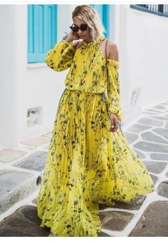 Self Portrait S Dress Floral Yellow Pleated Cold Shoulder Maxi Flowy NEW NWT - Picture 3 of 14