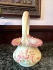 VINTAGE FENTON ART GLASS ROSE BURMESE YELLOW SATIN BASKET UV SIGNED