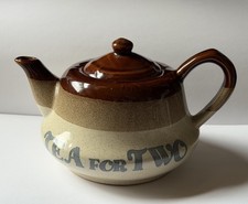 Vintage 1970s "Tea For Two" Stoneware Teapot - Brown Beige Glazed Pottery