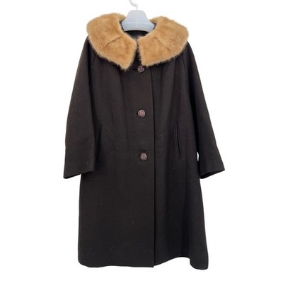 Vintage 60s Brown Wool Coat Palomino Mink Collar Size L Mrs Maisel