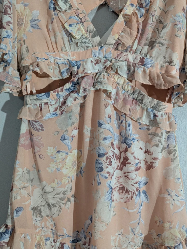 Angel Biba Dress Size 10 Peach Floral  NWT Back /Side Cut Out Frill Detail - image 3 of 4