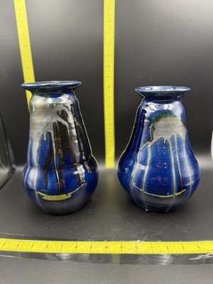 Pair BUXO Signed Studio Pottery Vases Blue Drip Glaze European Artisan