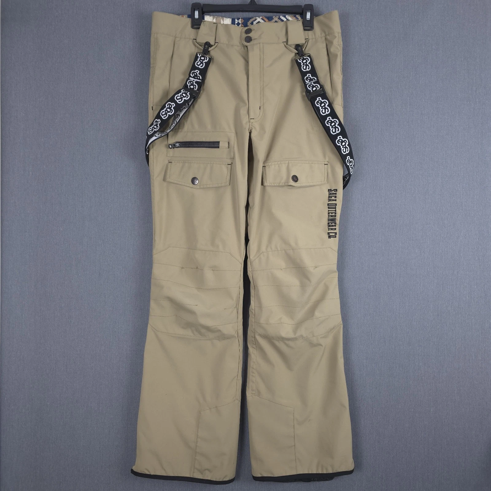 Saga Outerwear Snowboard Cargo Pants Mens Large Khaki Vented Suspenders Ski