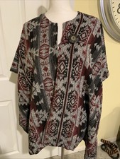 Alpaca Wool Blend Unisex Black Gray Red Poncho Ruana Aztec Pattern Boho Hippie