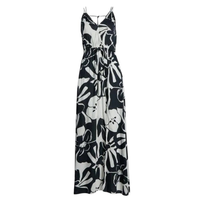 Elan Small Maren Maxi Dress Black White Front Slit Cruise Wear V Neck Boho Flowy