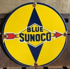VINTAGE BLUE SUNOCO GASOLINE 11 3/4" PORCELAIN METAL GAS SIGN SUN OIL COMPANY