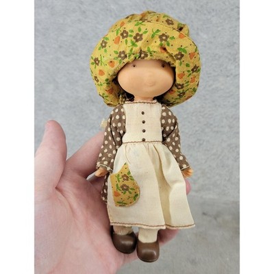 Vintage Holly Hobbie Style Small Doll Brown Polka Dot Dress Yellow Bonnet 5.5''
