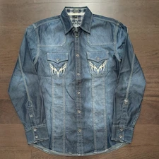 Roar Strength Defined Size Small Black Washed Denim Embroidered Pockets and Back