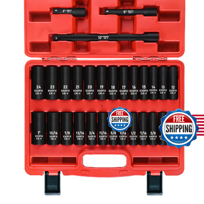EGOFIX 29 Piece 1/2'' Socket Set Deep Impact Drive SAE Metric Extensions Cr-V Ste