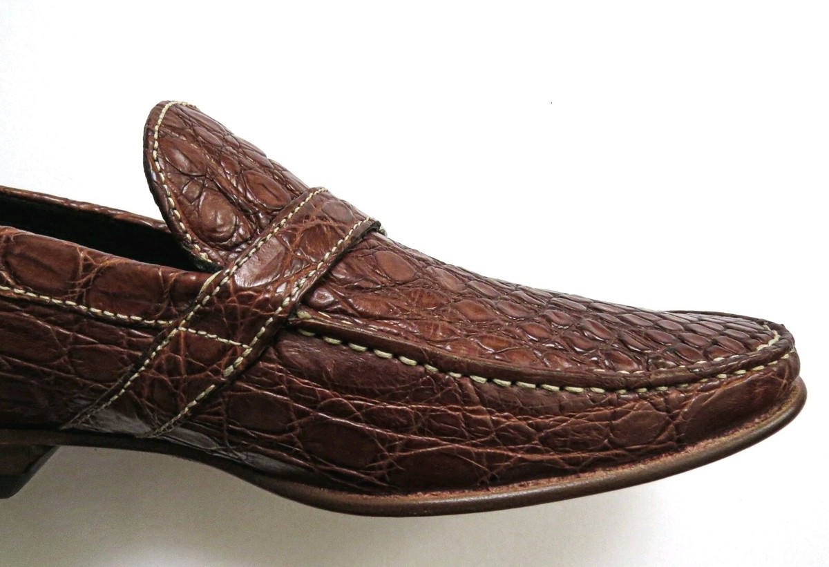 TESTONI Brown Crocodile Alligator Leather Shoes Loafers 10 