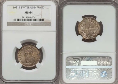Champagne Toned Switzerland Confederation Silver Coin 1921B One Franc NGC MS64