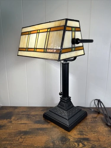 VINTAGE Banker Lamp Tiffany style Stained Slag Glass Mission Shade Retro