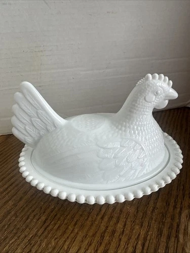 Vintage Indiana Glass White Milk Glass Hen on Nest MCM