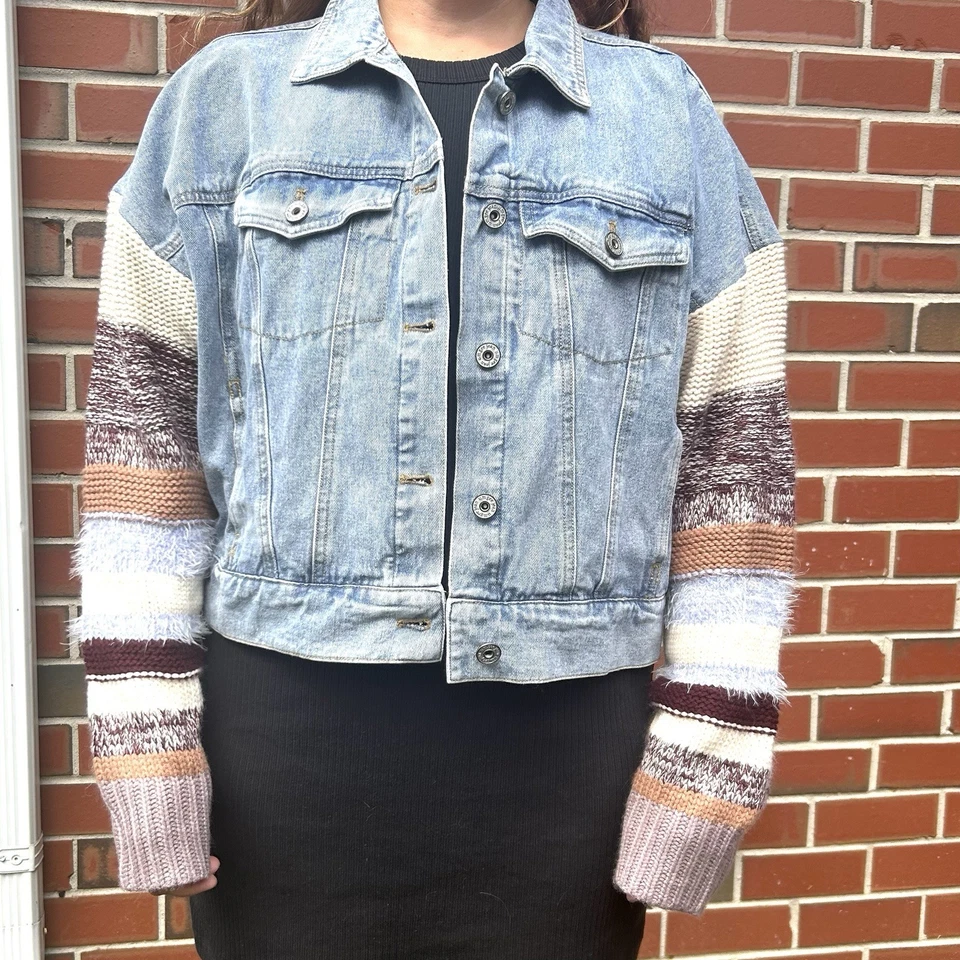 Chaqueta de Jean Umgee Denim Para Mujer L Grande Tejido a Rayas Suéter Mangas Boho Moda Foto 2 de 4