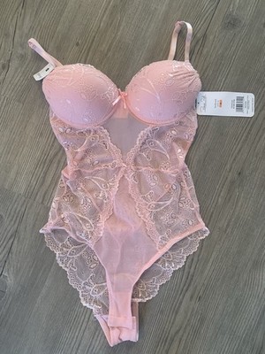 NWT Rene Rofe Pink Lace One piece Lingerie Bodysuit Demi Push Up Size Small