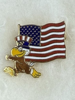 Vintage 1984 LA Olympics Sam the Eagle USA Flag Enamel Pin   LA84 Official