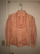VTG 70s Woman s Peach Tuxedo Ruffle Western Disco Shirt Pearl Snap Button 36