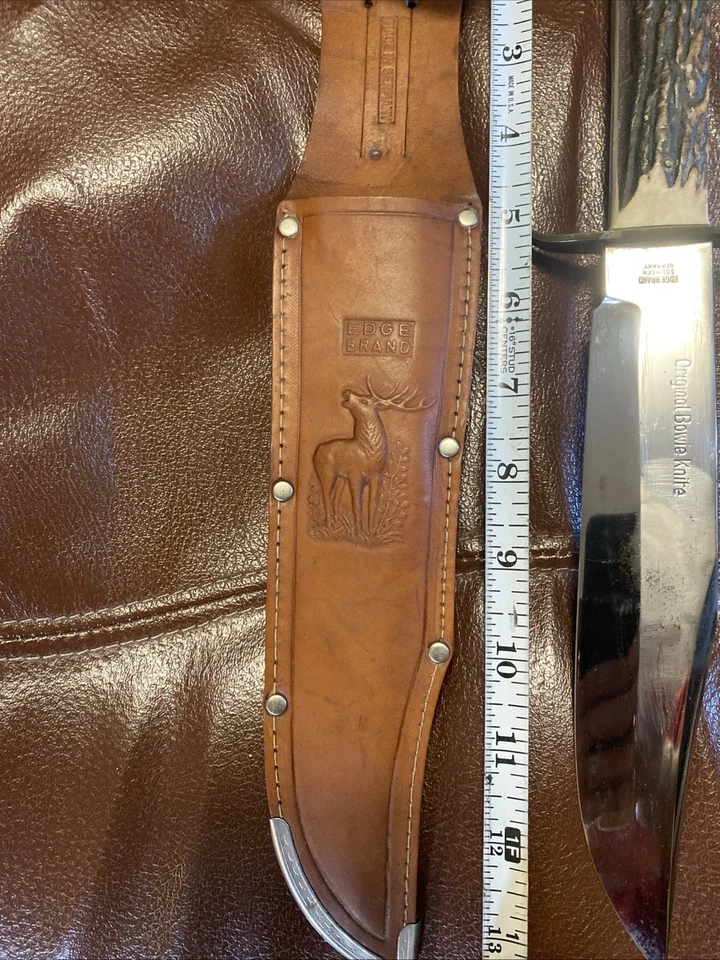 VTG EDGE BRAND 443 STAG HANDLE ORIGINAL GERMAN BOWIE FIXED BLADE KNIFE & SHEATH - Image 2 of 4