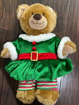 Build a Bear Workshop Holiday Elf Outfit Green Red Christmas Brown Plush Girl