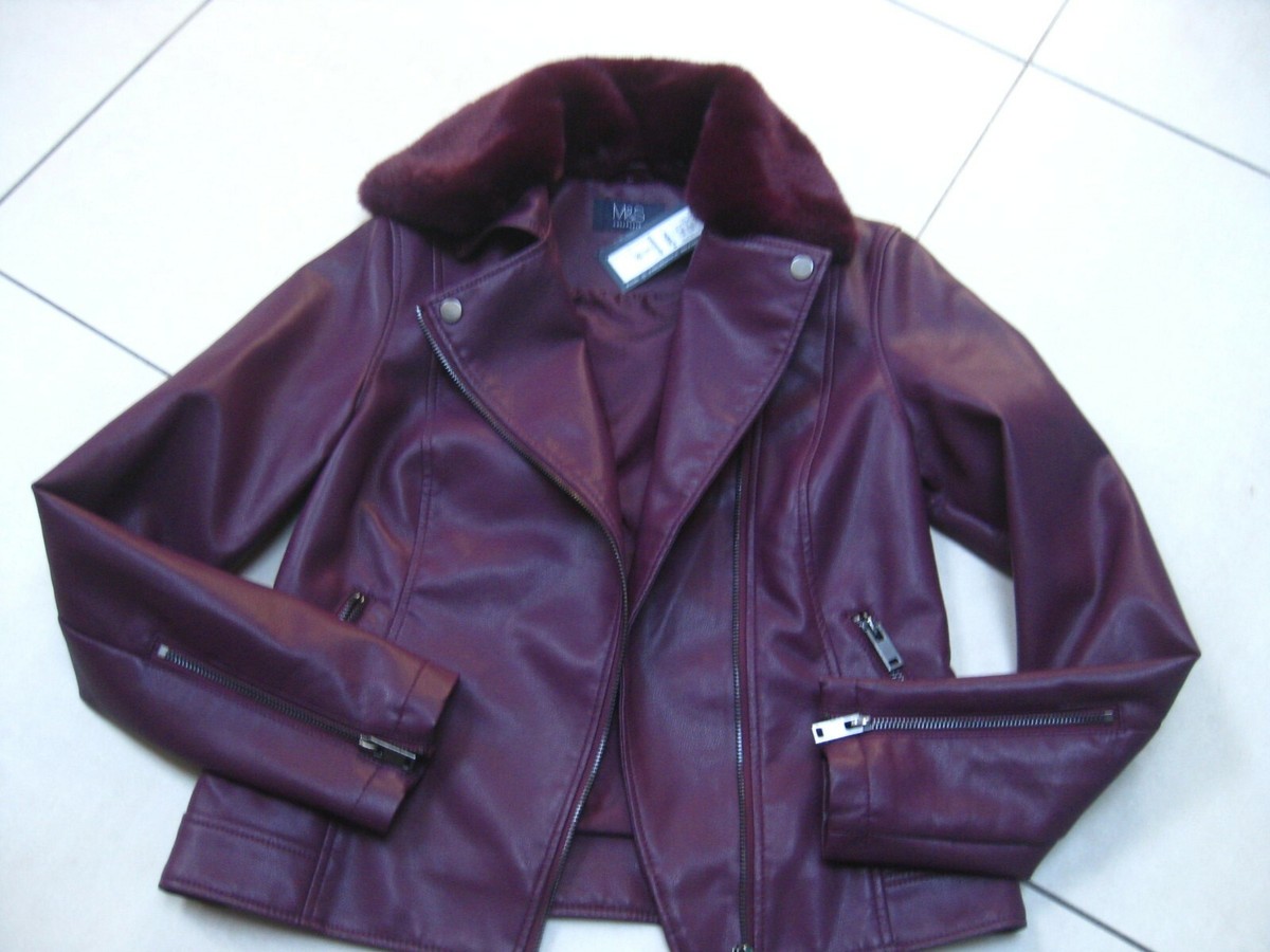 M&S faux Leather JACKET 36 red NEW COLLECTION oxblood biker
