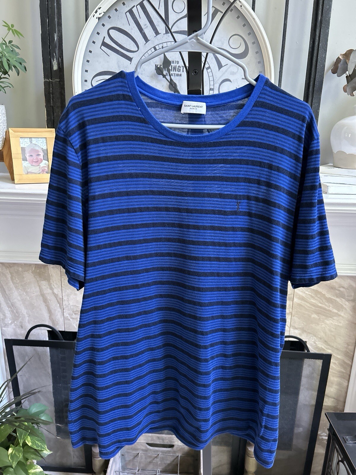 SAINT LAURENT T shirt uomo a righe blu e nere con logo sul petto XXL 2XL