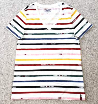 Tommy Jeans Women White Blue Stripe Short T-Shirt Sleeve V Neck Small New