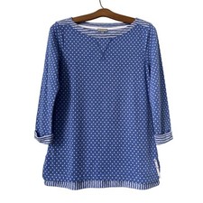 T by Talbots Double Knit Dot Top Sweater Slit Side Womens XS Blue White NEW