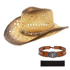 Men's Women's Western Straw Cowboy Hat, Cowgirl Sun Beach Hat with Two Decora...