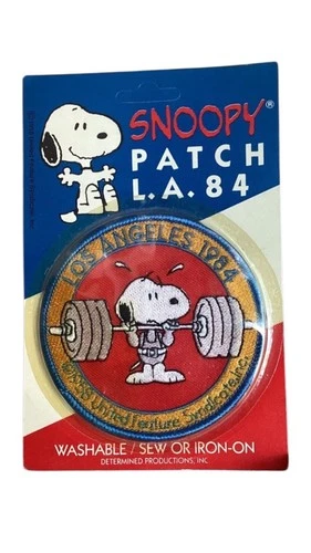VTG Snoopy Peanuts Weightlifting Los Angeles 1984 Olympics Iron-On Sew Patch NEW - product listing photo