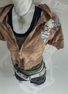 Vtg Y2K Hooded Alt Skull Goth Emo Scene Emo Tattoo Grunge Crop Rose Punk Jacket