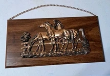 Vintage Copper 3-D Relief Horses Wall Decor Plaque Sculpture on Wood Board