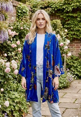 NEW Johnny Was 2X 2XL Plus Blue Velvet Kimono Wrap Duster Cardigan Jacket Floral