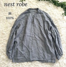 Nest Robe 100 Linen Blouse Blue Gathered Sleeve Size 70cm