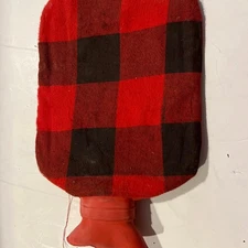 Vintage Hot Water Bottle with red black buffalo plaid cover Prop
