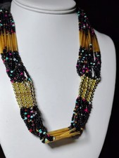Boho Multistrand Beaded Necklace Black Gold Tube Seed Beads Tribal Statement