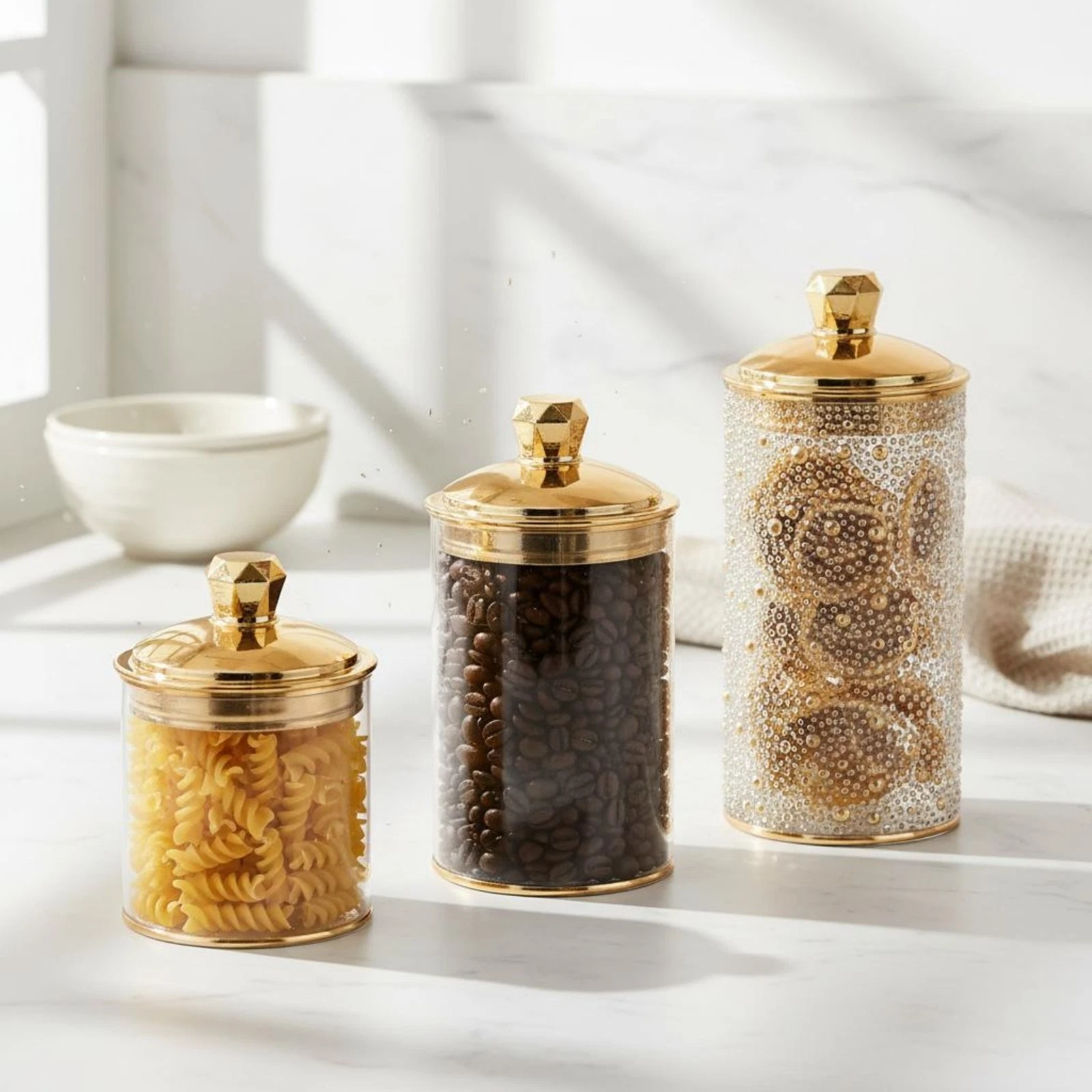 Gold Lid Candy Jar Elegant Design Pearl Pattern Storage Container Multi-Purpose