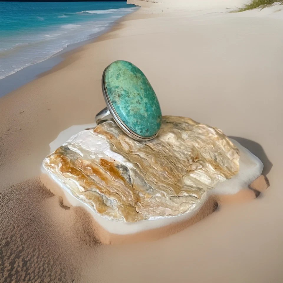 Anillo de piedras preciosas artesanales turquesa peruana talla 12 - chapado en plata 925 - nuevo Foto 2 de 4