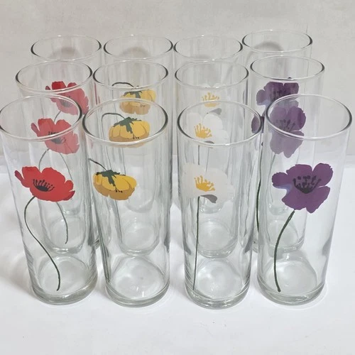 12 Anchor Hocking Poppy Tom Collins Mix Set Vintage Floral Highball Tumbler Lot