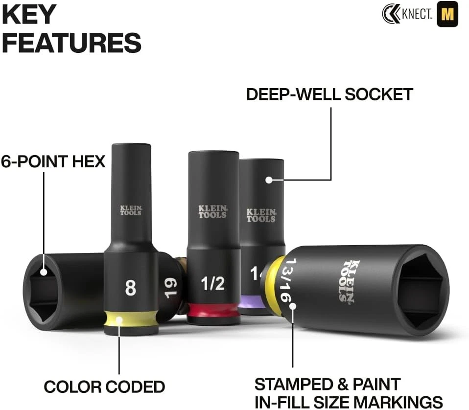 Klein Tools 65121IMPCT KNECT Deep-Well 3/8-Inch Drive Impact Socket Set, SAE Foto 3 de 4