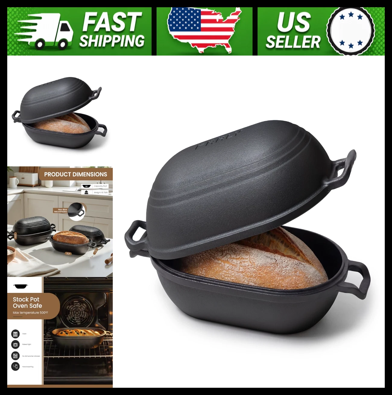 Cast Iron Loaf Pan with Lid for Sourdough Bread Baking, 11 x 7 Inch
